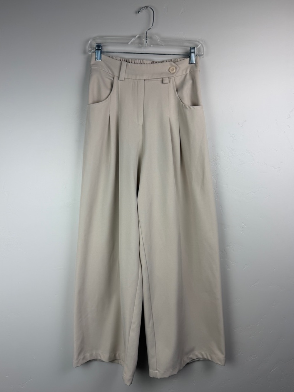 Allovin Beige High Waist Pleated Wide Leg Trousers Small